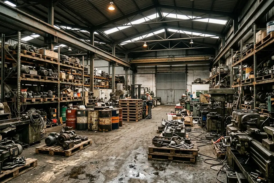 Nave industrial llena de maquinaria y materiales