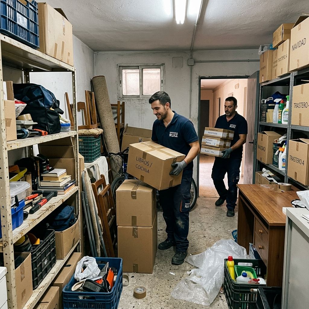 Trastero de comunidad lleno de cajas antes del vaciado en Zaragoza