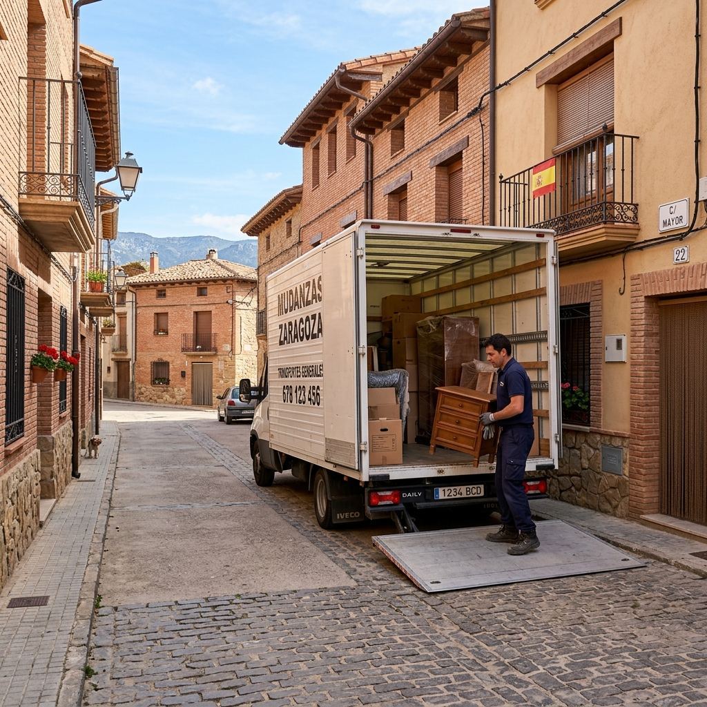 Furgoneta cargando muebles en una calle de casas de pueblo