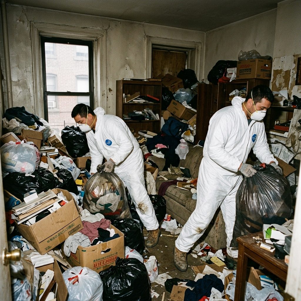 Operarios con buzo y mascarilla retirando bolsas en una vivienda con acumulación